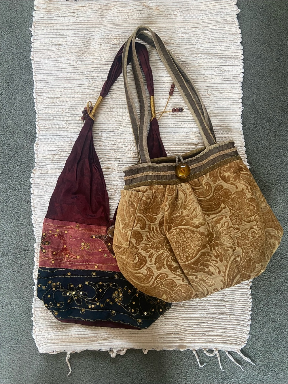 Lot of 2 Boho Textured Paisley Tote Bag in Gold and Burgundy